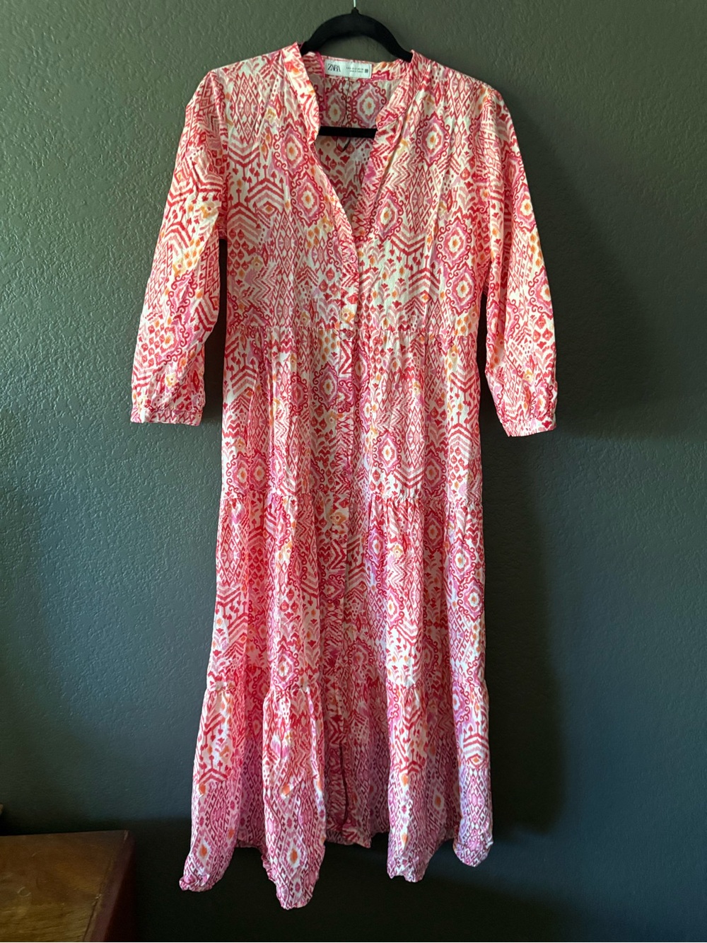 Zara NWT Boho Ikat Tiered Cotton Maxi Dress Size Small Pink